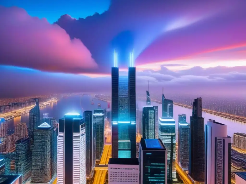 Una ciudad futurista iluminada al anochecer con rascacielos relucientes y luces vibrantes