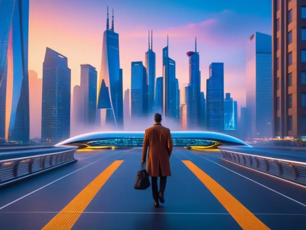 Cityscape futurista: innovación financiera en 8k Una ciudad futurista iluminada al anochecer, con rascacielos, coches voladores y gráficos financieros holográficos en el cielo