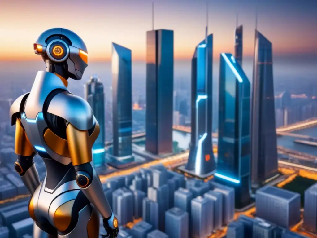 Ciudad futurista: humanos y robots en armonía Una ciudad futurista iluminada por el sol poniente, donde robots y humanos colaboran en la evaluación de préstamos inmobiliarios
