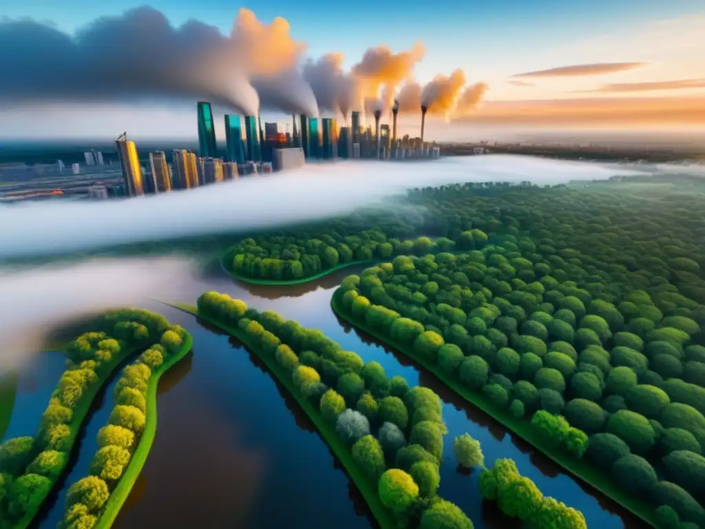 Metrópolis sostenible: futuro resiliente ante el cambio climático Una ciudad futurista con infraestructura sostenible frente al impacto del cambio climático en inversiones
