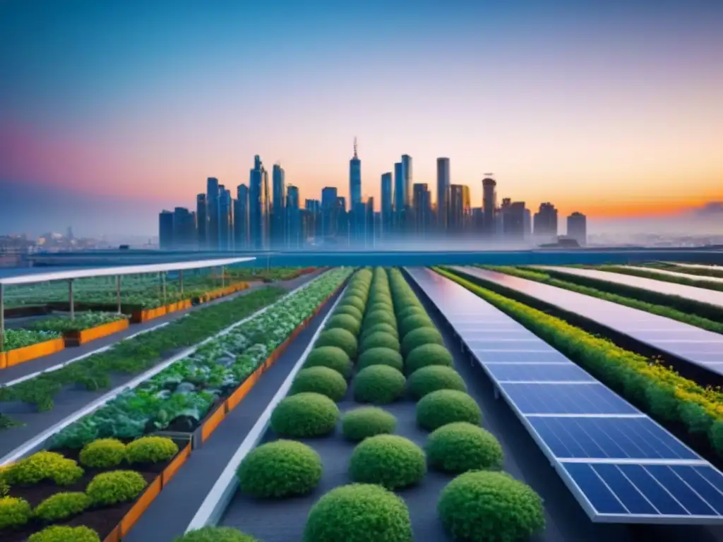 Horizonte urbano futurista en armonía con la naturaleza Una ciudad futurista integrada con la naturaleza, iluminada por una puesta de sol vibrante