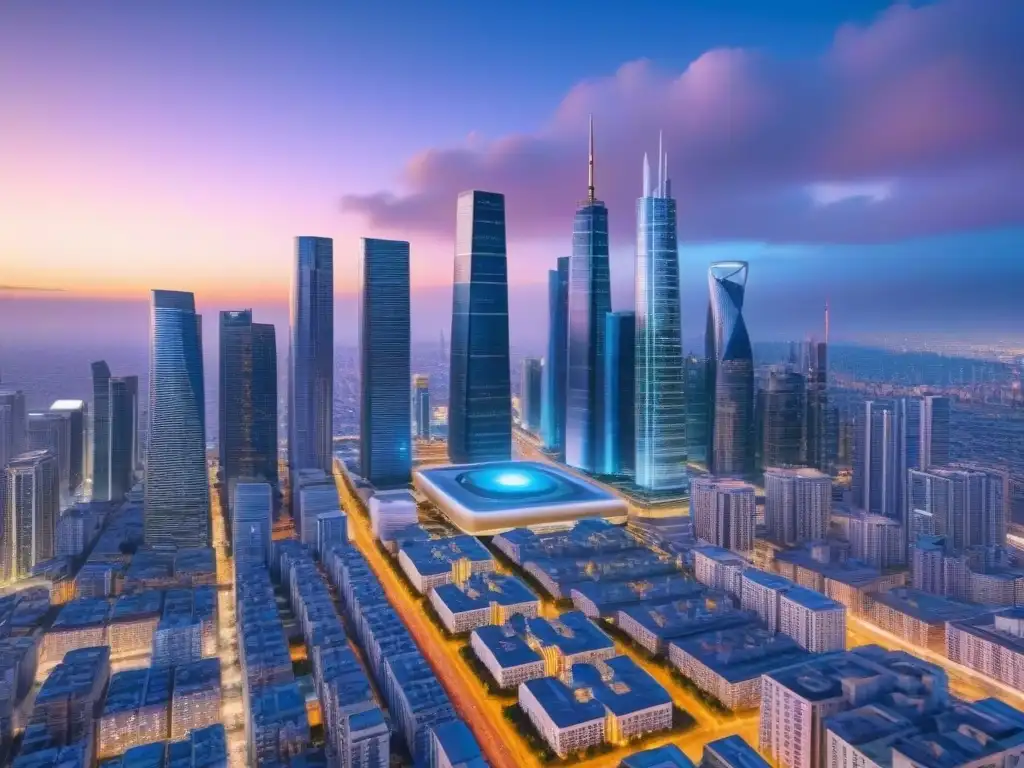 Metrópolis futurista: luces, tecnología y automatización Una ciudad futurista con inteligencia artificial en transacciones inmobiliarias