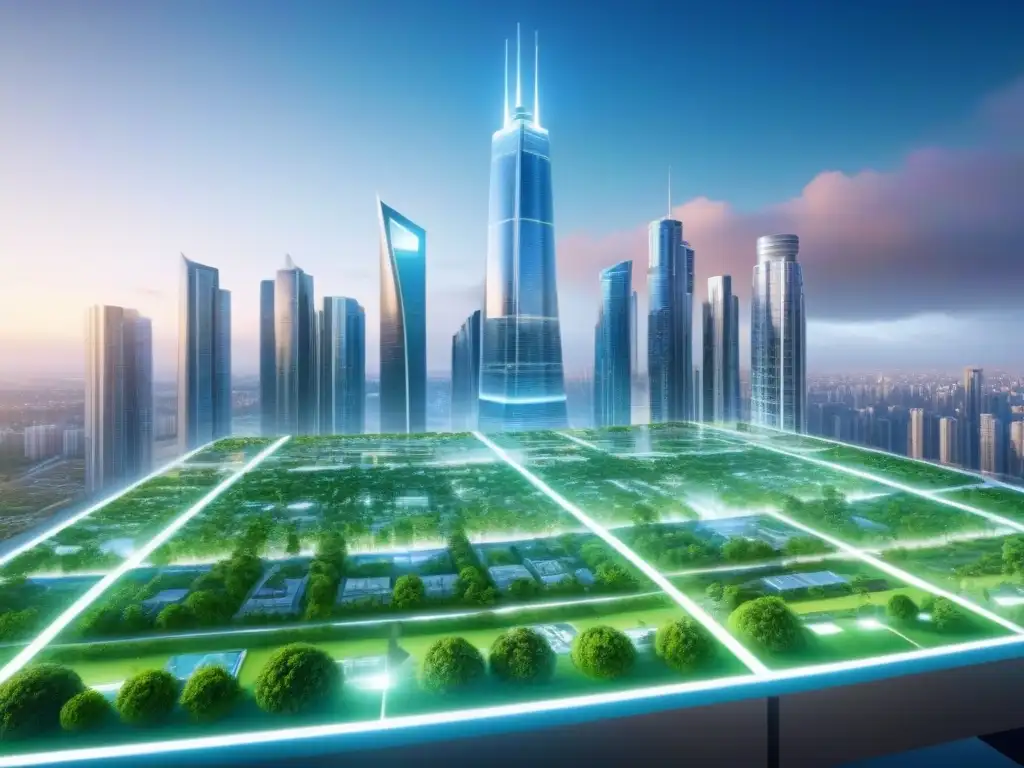 Innovación inmobiliaria: Ciudad futurista y tecnología de vanguardia Una ciudad futurista donde la Inteligencia Artificial en Financiamiento Inmobiliario es clave para la innovación y colaboración
