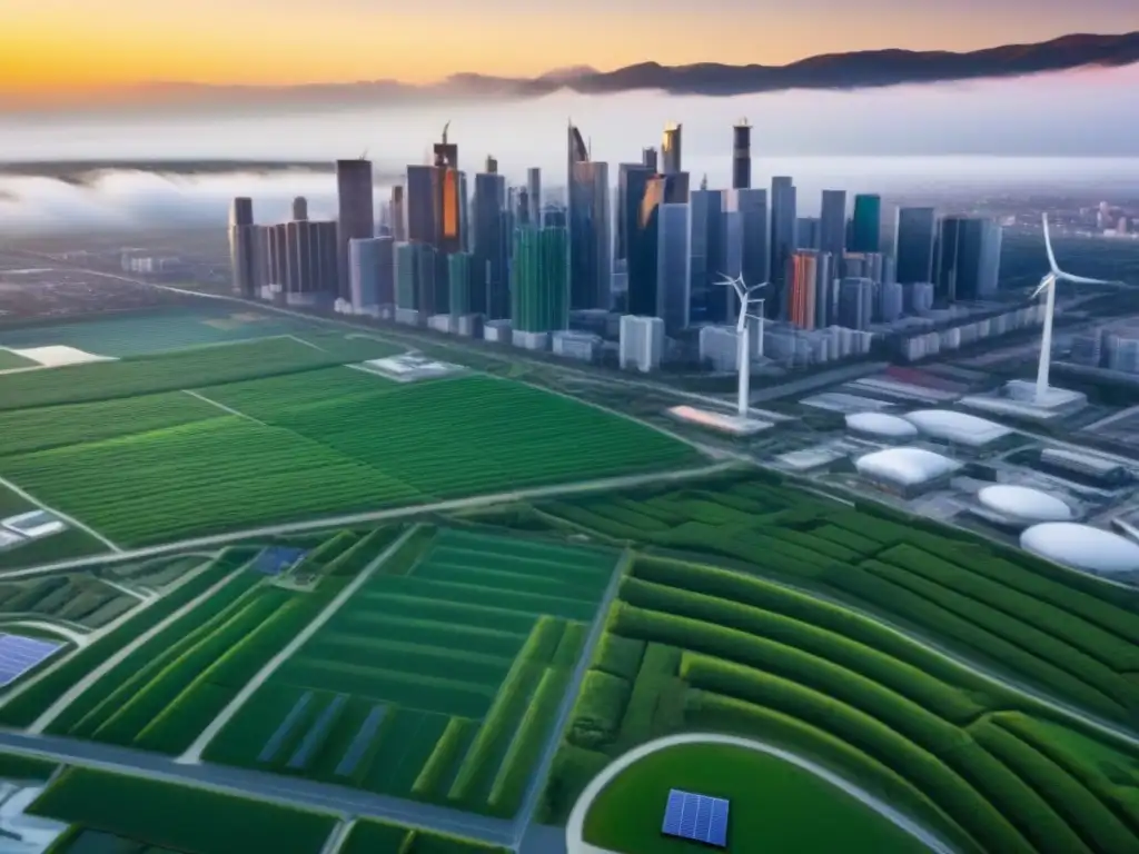 Metrópolis sostenible: ciudad verde con energía renovable Una ciudad futurista llena de edificios verdes con paneles solares y turbinas eólicas, ilustrando el financiamiento verde en la lucha contra el cambio climático inmobiliario