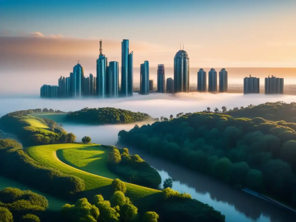 Horizonte urbano del futuro: armonía entre modernidad y naturaleza Una ciudad futurista armonizando con la naturaleza, desafíos y oportunidades en políticas de vivienda sector inmobiliario