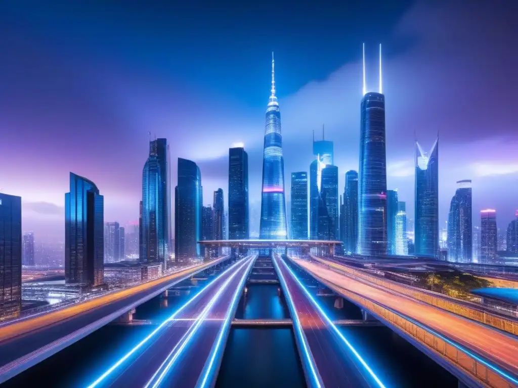Metrópolis futurista: eficiencia financiera y automatización Una ciudad futurista de noche, iluminada con luces de neón y pantallas digitales mostrando datos financieros