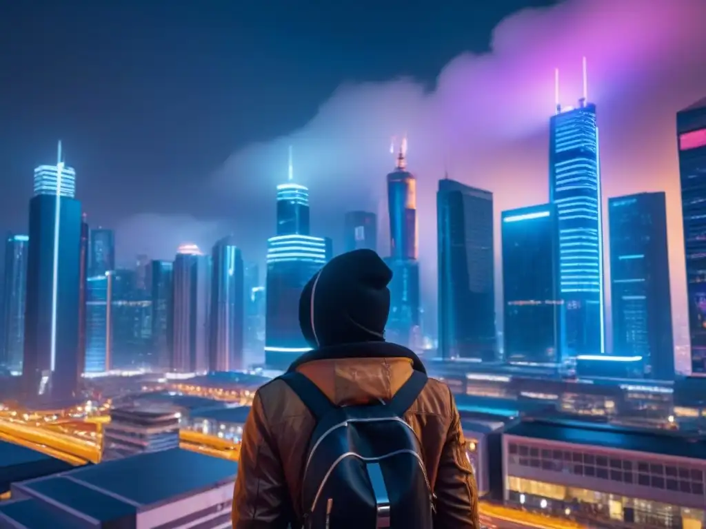 Metrópolis futurista: luces neón y tecnología financiera en 8k Una ciudad futurista de noche con luces neón y edificios de tecnología financiera, fusionando modernidad y sofisticación