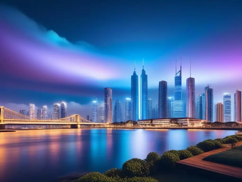 Metrópolis futurista: IA y valuación inmobiliaria Una ciudad futurista de noche con luces de neón y rascacielos modernos