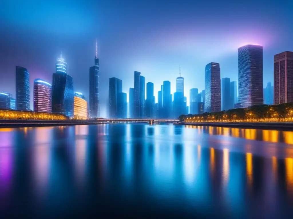 Horizonte futurista: drones y tecnología en la ciudad nocturna Una ciudad futurista de noche con rascacielos iluminados, drones y datos brillantes