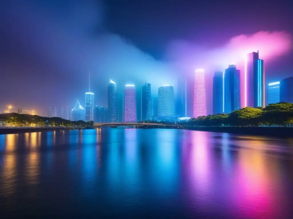 Una ciudad futurista de noche con rascacielos iluminados por luces neón, reflejándose en un río tranquilo, simbolizando cambios en políticas globales y financiamiento inmobiliario