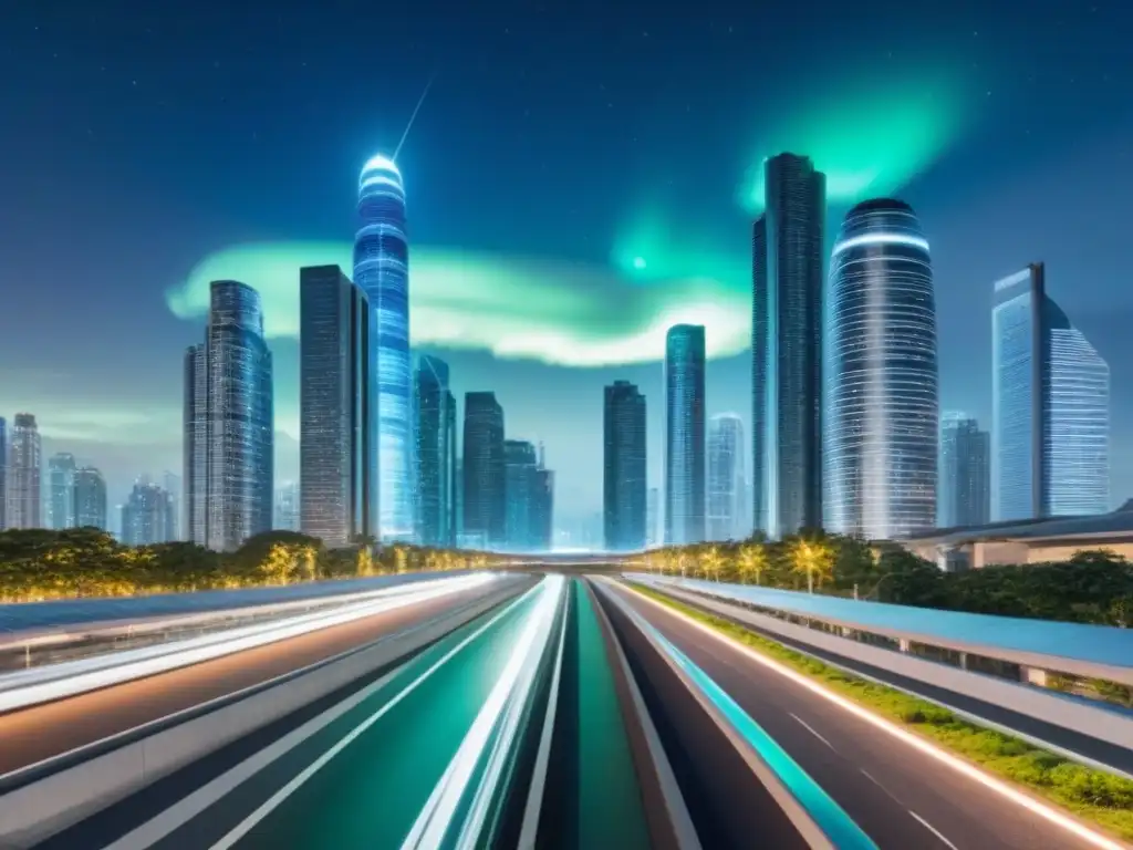 Metrópolis futurista: luces, innovación y arquitectura moderna Una ciudad futurista de noche con rascacielos brillantes y sistemas de transporte avanzados, reflejando innovación en inversiones inmobiliarias