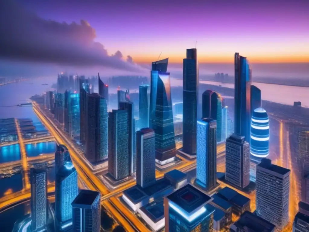 Metrópolis futurista: luces vibrantes y seguridad urbana Una ciudad futurista en la noche con rascacielos iluminados