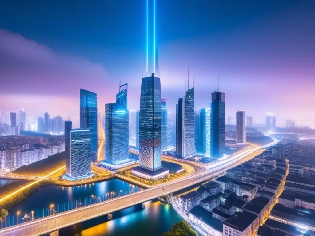 Metrópolis futurista: IA y finanzas inmobiliarias Una ciudad futurista de noche con rascacielos iluminados por luces de neón, mostrando tecnologías avanzadas integradas en el paisaje urbano, simbolizando la intersección de la inteligencia artificial y el análisis de crédito inmobiliario