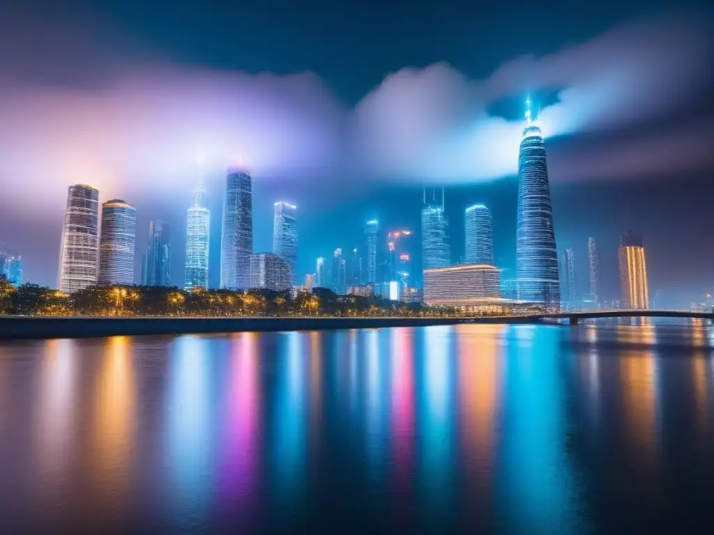 Metrópolis futurista: innovación en financiamiento inmobiliario Una ciudad futurista de noche con rascacielos iluminados y caminos digitales brillantes, reflejados en un río calmado