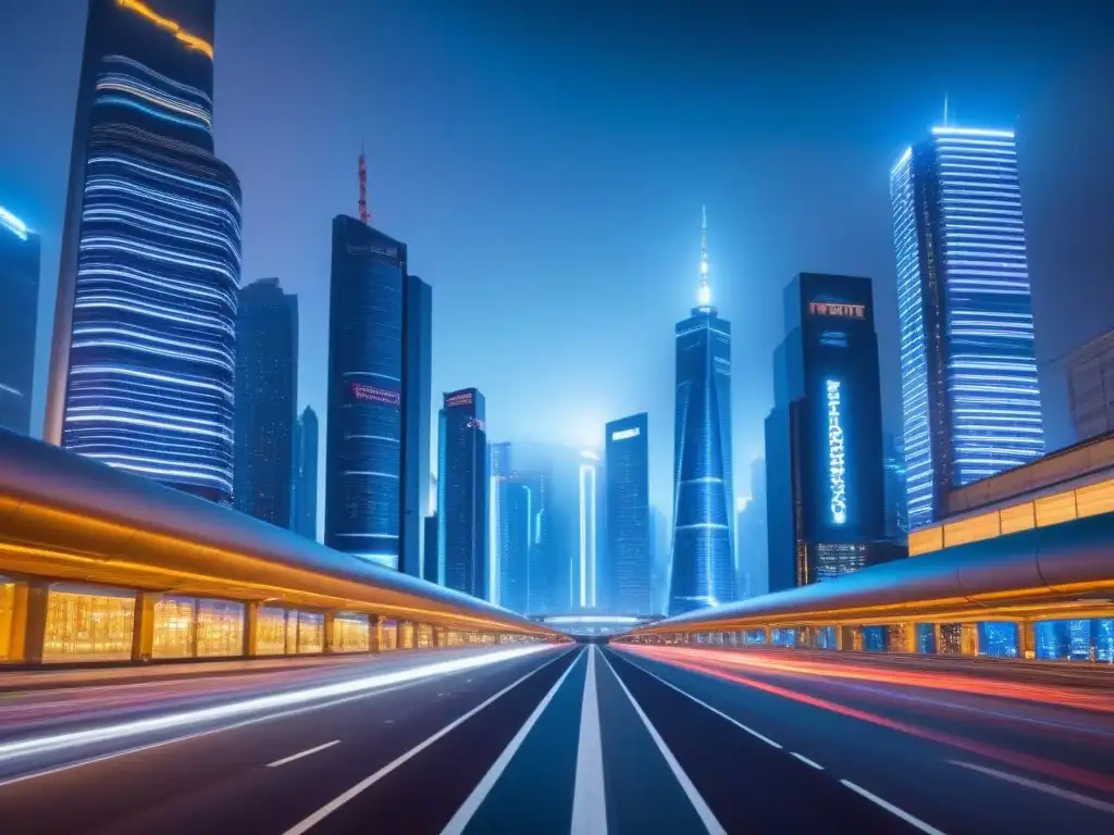 Metrópolis futurista: real estate y fintech en armonía Una ciudad futurista de noche con rascacielos iluminados y pantallas digitales mostrando propiedades inmobiliarias y datos financieros