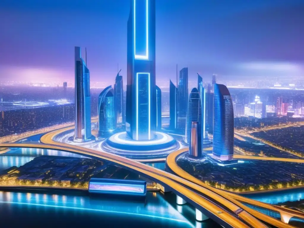 Una ciudad futurista de noche con rascacielos iluminados y sistemas de transporte avanzados, con luces de neón y vehículos voladores