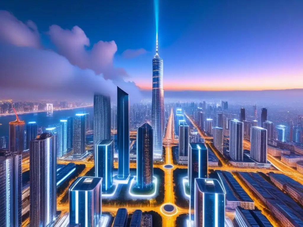 Metrópolis futurista: listados inmobiliarios en 5G Una ciudad futurista de noche con tecnología 5G en sector inmobiliario: luces neón, drones y hologramas iluminan el paisaje urbano