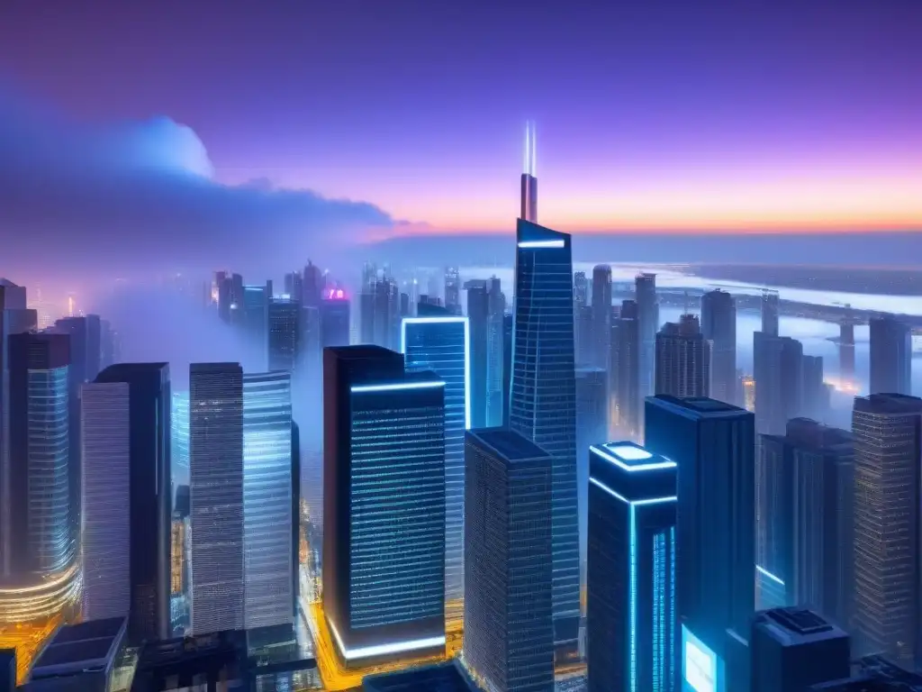 Metropolis tecnológica: innovación en préstamos inmobiliarios Una ciudad futurista de noche con tecnología en préstamos inmobiliarios