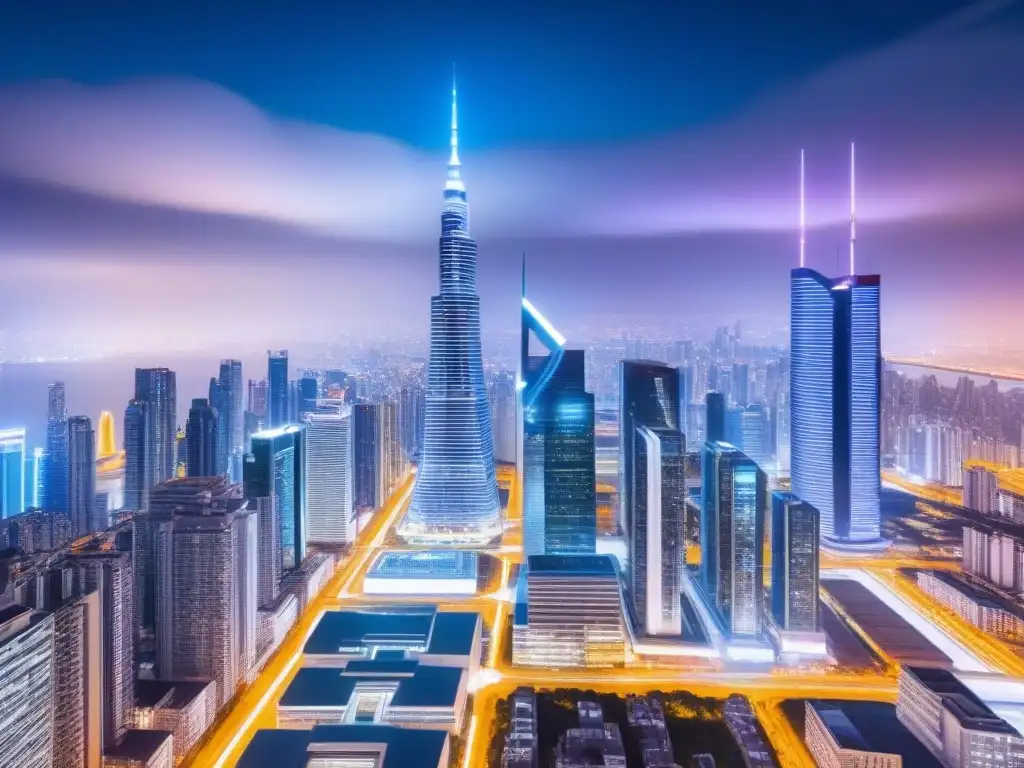 Metrópolis futurista: blockchain en la inversión inmobiliaria Una ciudad futurista de noche con tecnología blockchain en inversión inmobiliaria