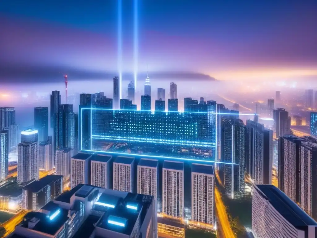 Skyline futurista: blockchain revoluciona financiamiento inmobiliario Una ciudad futurista con patrones digitales de tecnología blockchain, integrando blockchain en financiamiento inmobiliario