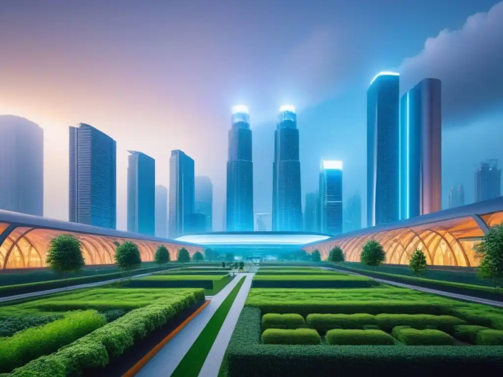 Horizonte urbano futurista: fusión de tradición y modernidad Una ciudad futurista con productos híbridos en finanzas inmobiliarias, fusionando tradición y modernidad en un skyline único