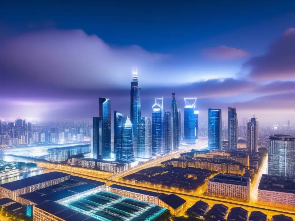 Metrópolis futurista: ciberseguridad en plataformas inmobiliarias online Una ciudad futurista protegida por un campo digital, drones y datos en tiempo real