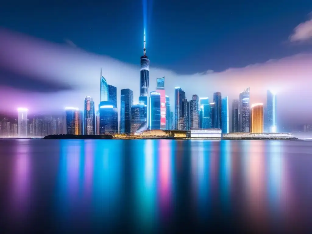 Metrópolis futurista: innovación fintech en préstamos inmobiliarios Una ciudad futurista con rascacielos altos y brillantes reflejando luces neón en el cielo oscuro estrellado