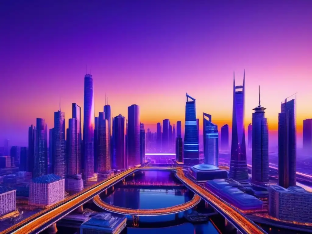 Metrópolis futurista: atardecer vibrante en ciudad ultradetallada Una ciudad futurista con rascacielos altos reflejando colores vibrantes de un atardecer