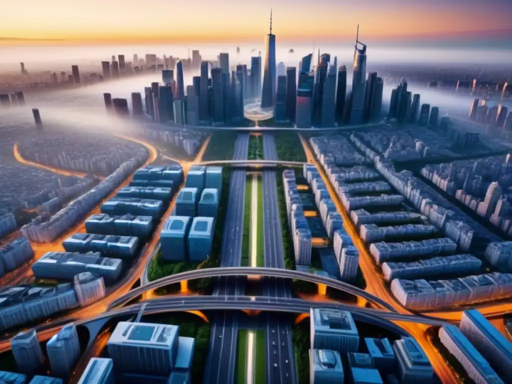 Futurismo urbano: ciudad moderna al atardecer Una ciudad futurista con rascacielos, autopistas y espacios verdes, iluminada por el sol poniente