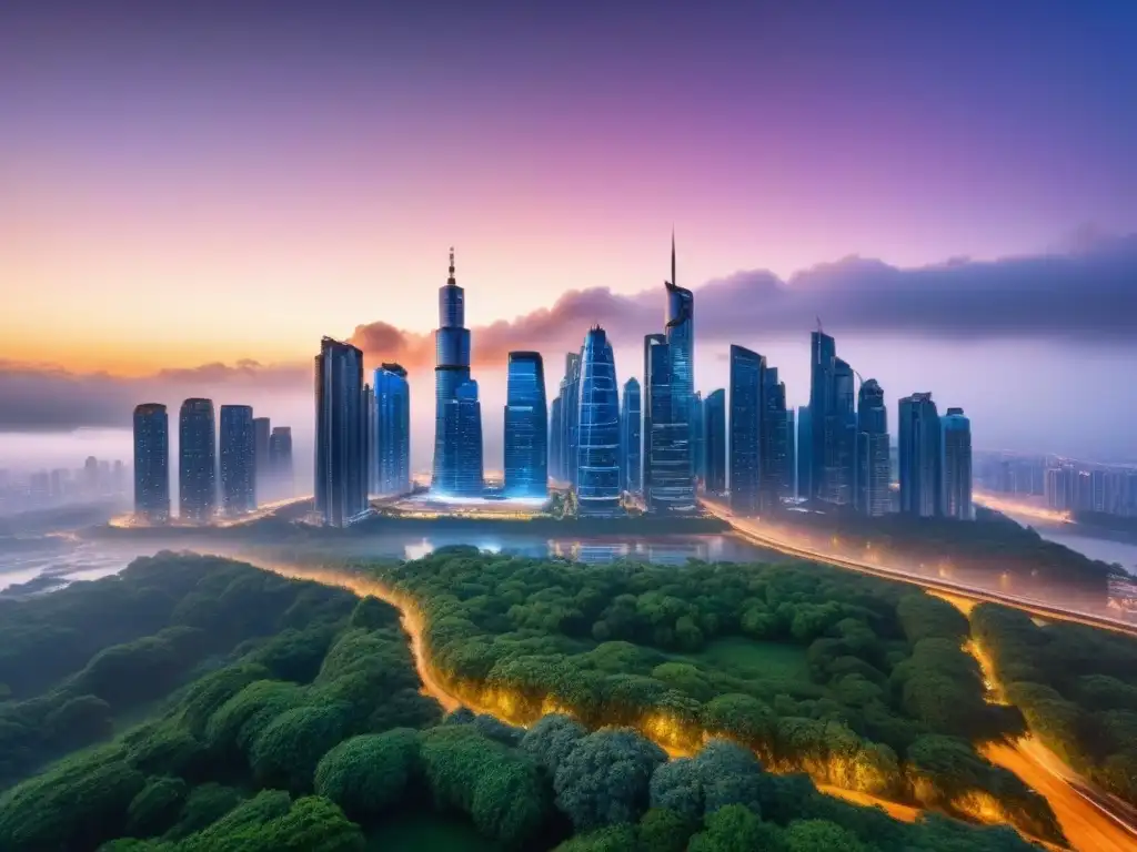 Metrópolis futurista: inversión inmobiliaria rentable Una ciudad futurista al anochecer con rascacielos brillantes y sistemas de transporte avanzados