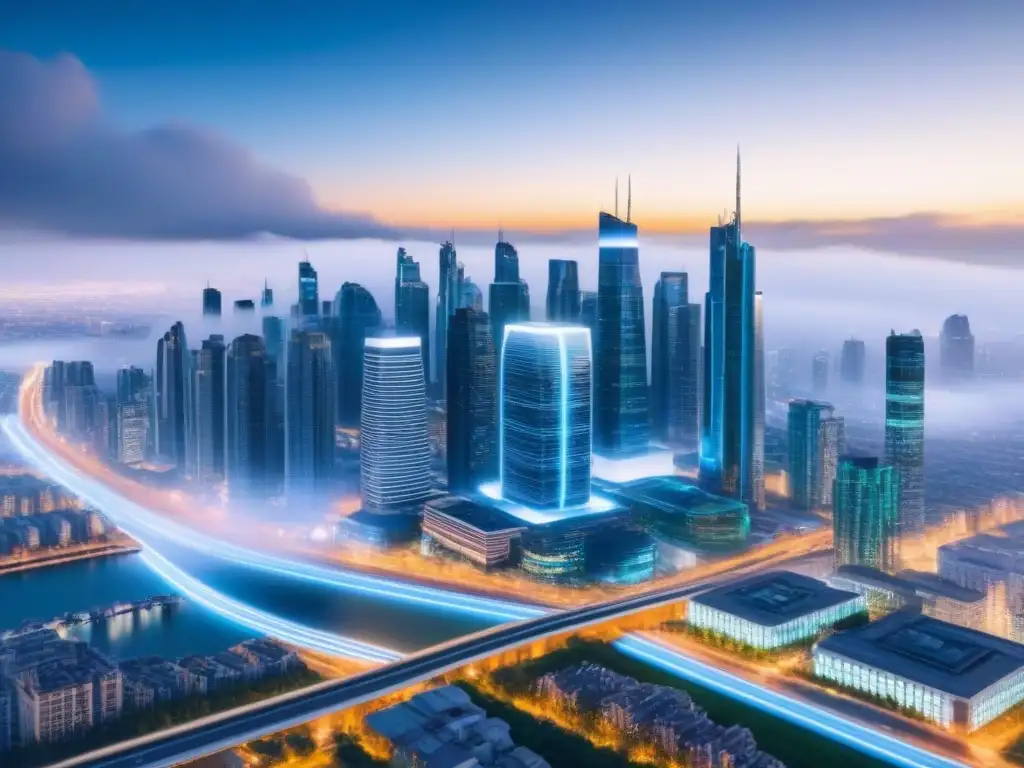 Metrópolis Futurista: Integración de IA en Finanzas Inmobiliarias Una ciudad futurista con rascacielos conectados por líneas de datos, drones en el cielo y regulación financiamiento inmobiliario IA