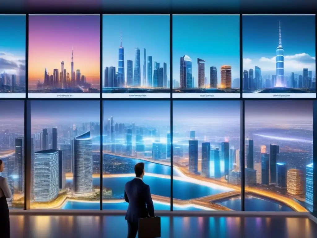 Visión futurista: inversión inmobiliaria con tecnología de vanguardia Una ciudad futurista con rascacielos conectados, data analytics y profesionales discutiendo hologramas