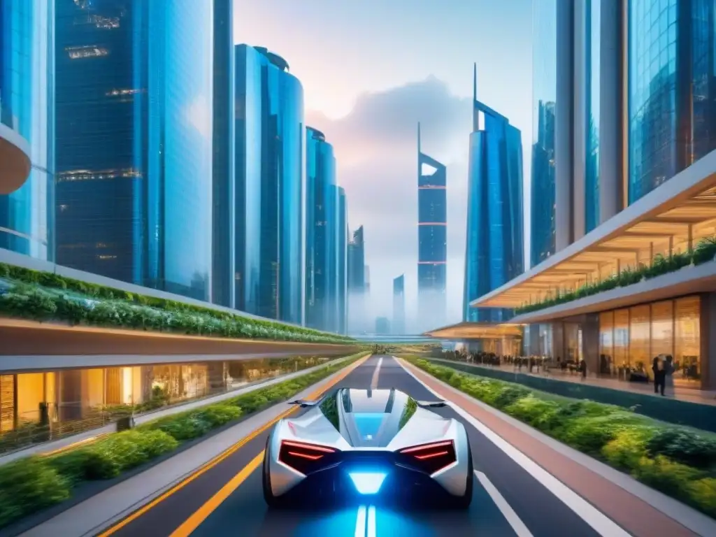 Metrópolis futurista: innovación en desarrollo inmobiliario Una ciudad futurista con rascacielos de cristal y acero, puentes transparentes y vegetación