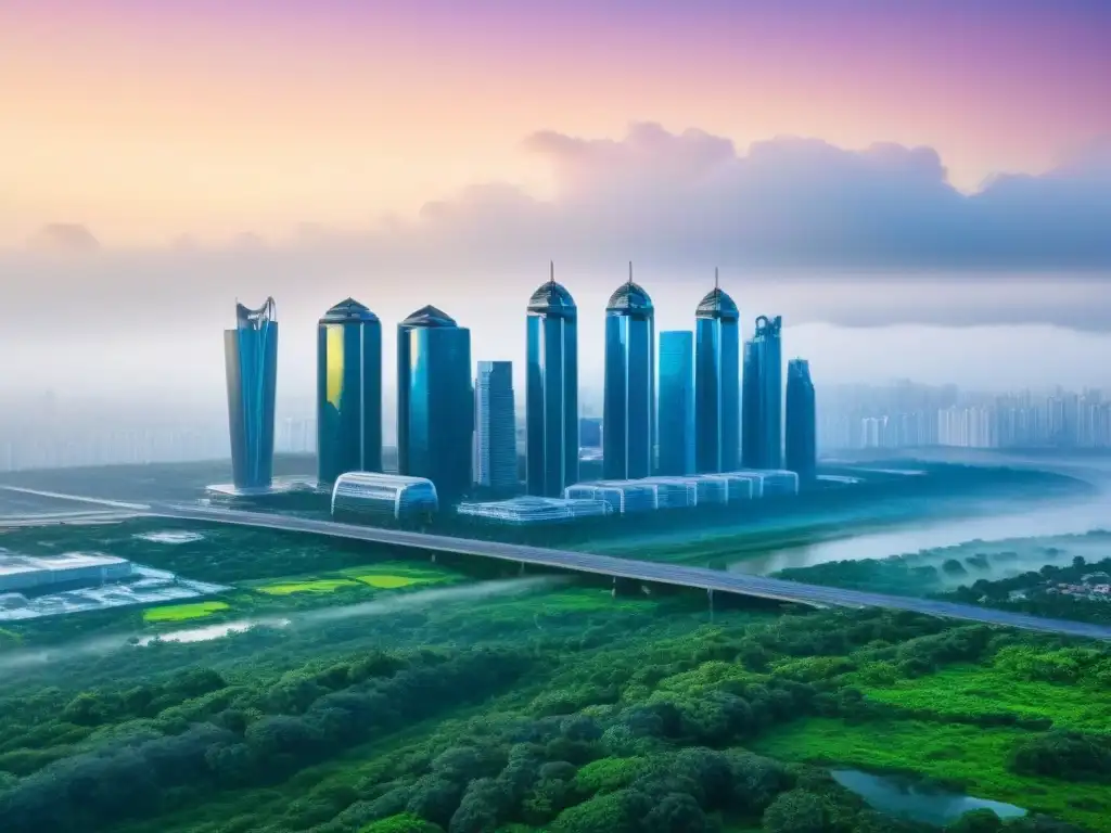 Metrópolis futurista: naturaleza y tecnología en armonía Una ciudad futurista con rascacielos y diseño arquitectónico innovador, rodeada de vegetación y sistemas de transporte avanzados