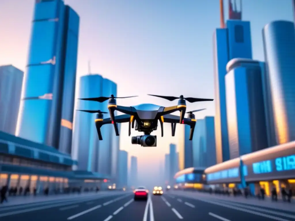 Una ciudad futurista con rascacielos y drones AI, mostrando la Integración de Inteligencia Artificial en Inversión Inmobiliaria