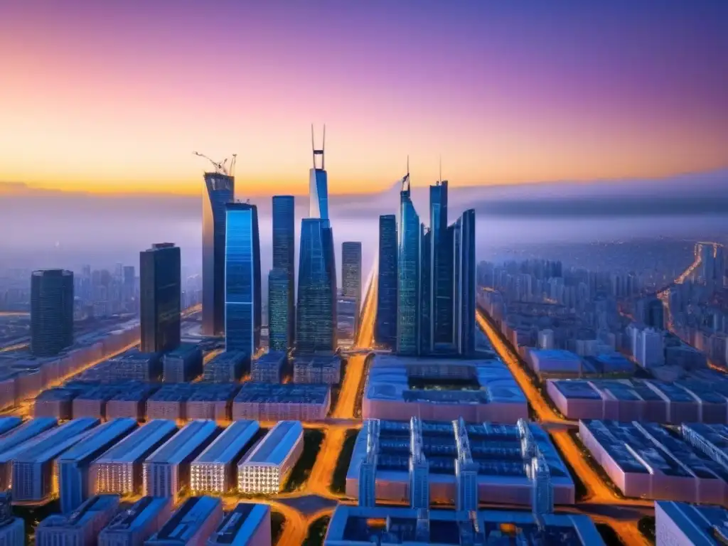Metrópolis futurista: innovación en financiamiento inmobiliario postcrisis Una ciudad futurista al anochecer, con rascacielos elegantes y sistemas de transporte avanzados integrados en el paisaje urbano