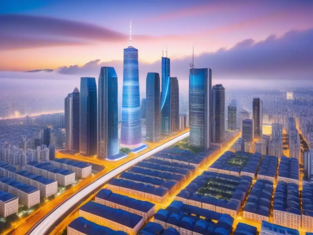 Metrópolis futurista: IA revoluciona tasaciones inmobiliarias Una ciudad futurista con rascacielos elegantes destaca la integración de la Inteligencia Artificial en tasaciones inmobiliarias