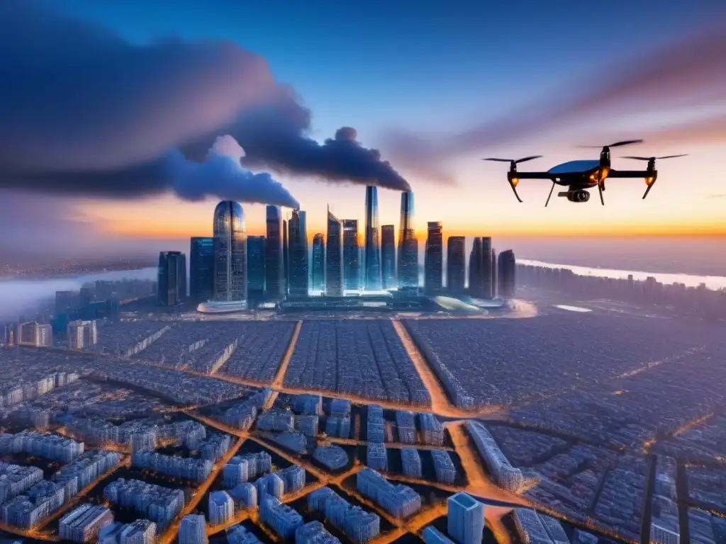 Metrópolis futurista con IA: valuación inmobiliaria avanzada Una ciudad futurista con rascacielos elegantes y drones avanzados con Inteligencia Artificial tasaciones inmobiliarias