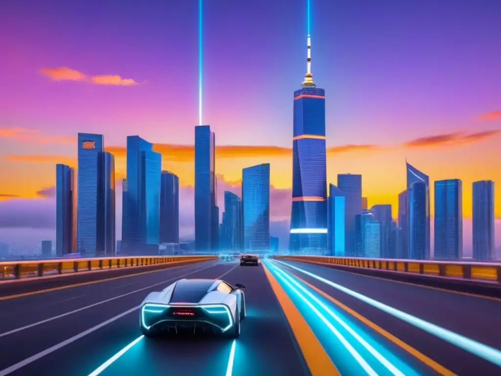 Metrópolis futurista: IA revoluciona gestión de riesgos inmobiliarios Una ciudad futurista con rascacielos elegantes que se elevan hacia el cielo, reflejando la luz de neón en un atardecer digital