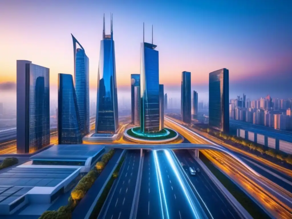 Metrópolis futurista: innovación y tecnología en el corazón de la ciudad Una ciudad futurista con rascacielos elegantes que reflejan la luz del sol, mostrando diseños arquitectónicos innovadores y tecnología avanzada integrada en el entorno urbano