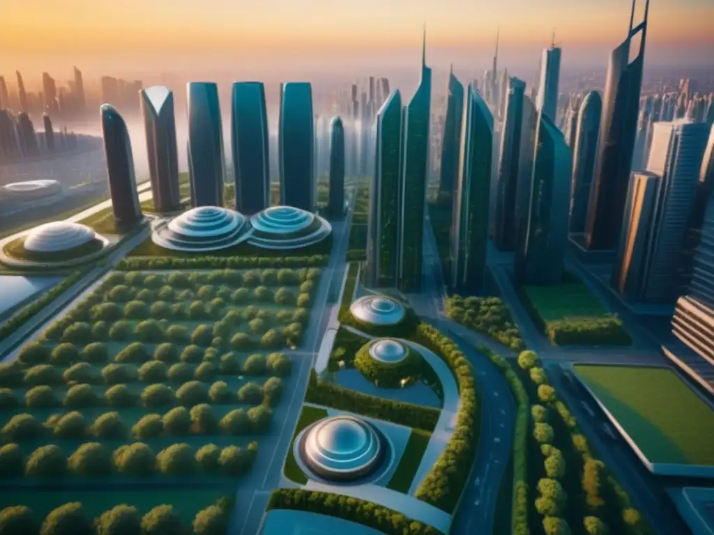 Una ciudad futurista con rascacielos elegantes y vegetación exuberante, iluminada por el sol poniente