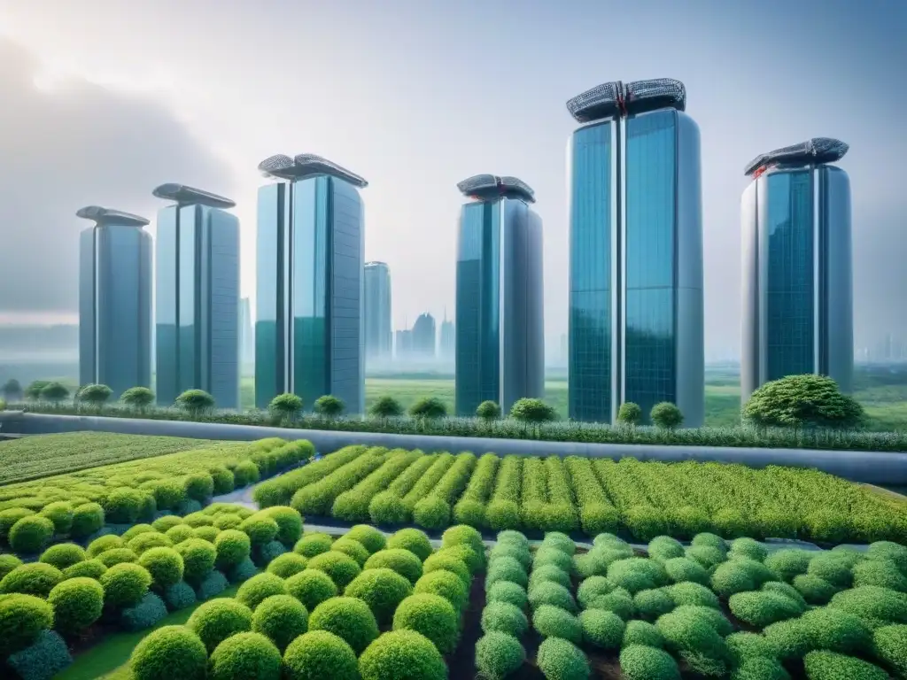 Metrópolis futurista: sostenibilidad y modernidad en armonía Una ciudad futurista con rascacielos elegantes, rodeada de espacios verdes y energía sostenible