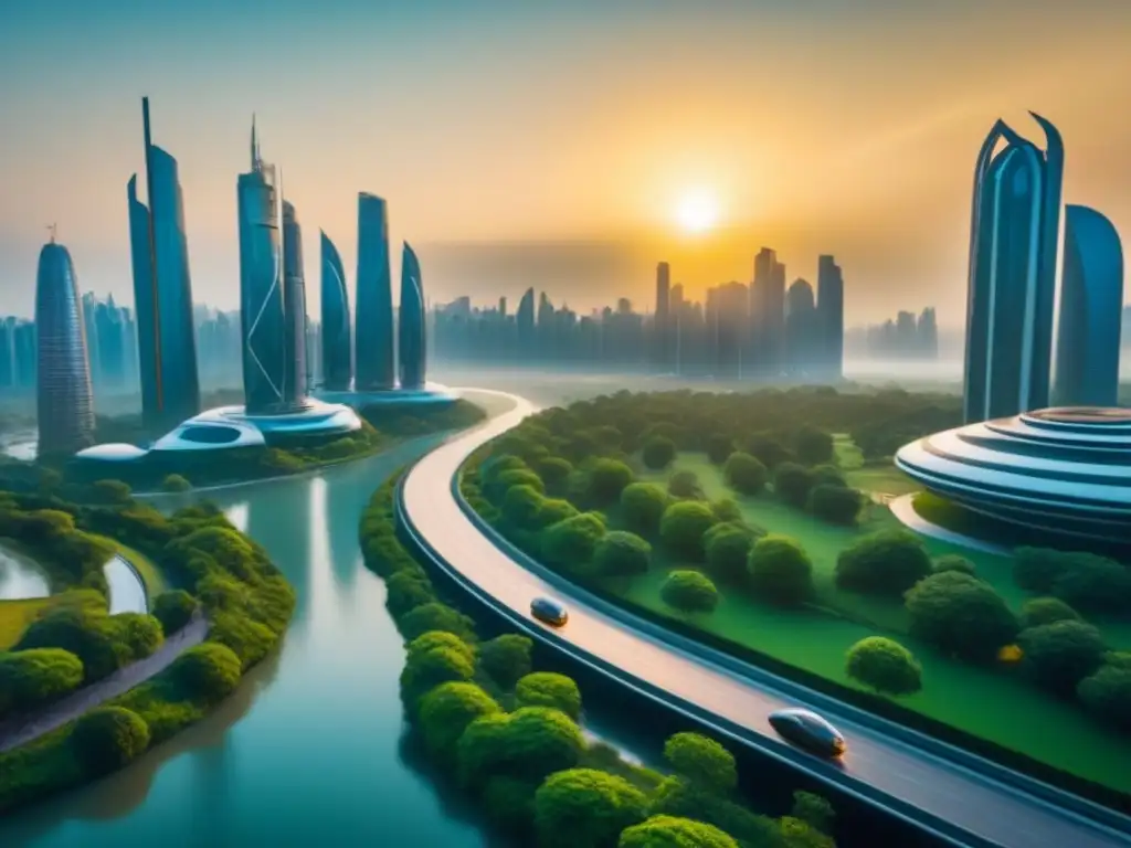Metrópolis futurista: arquitectura moderna y vida sostenible en armonía Una ciudad futurista con rascacielos elegantes y parques urbanos verdes, fusionando arquitectura moderna y vida sostenible