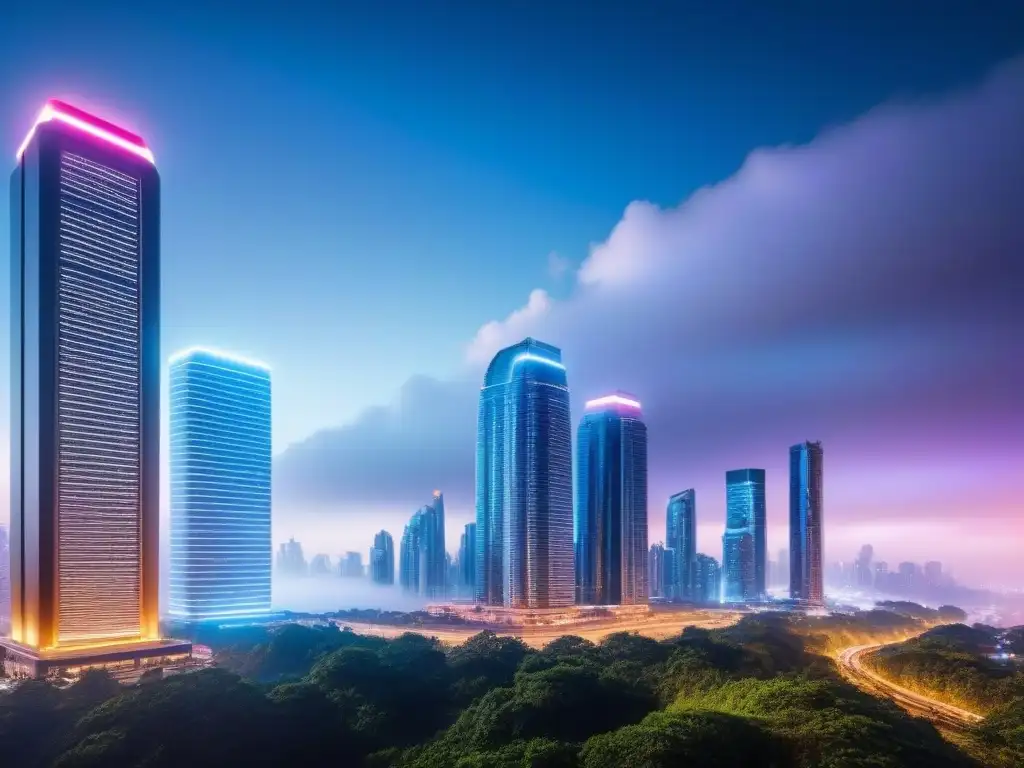 Metrópolis futurista: innovación y sofisticación en inversión inmobiliaria Una ciudad futurista con rascacielos elegantes y tecnología avanzada integrada en los edificios