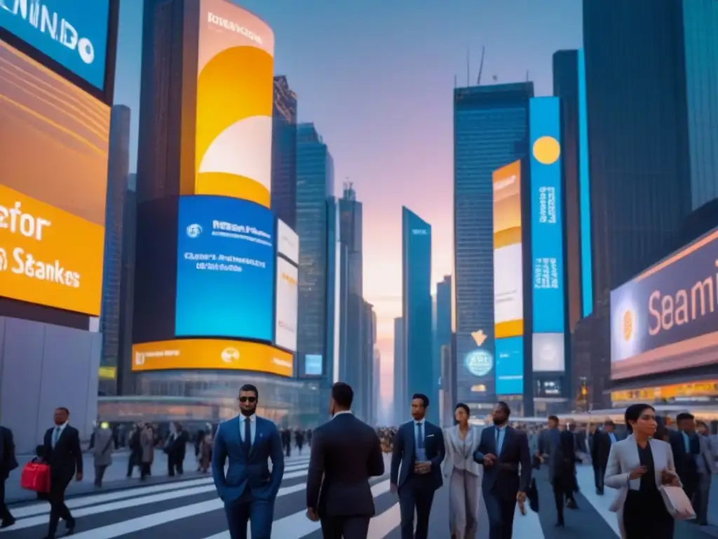Metrópolis futurista: bancos y real estate en armonía Una ciudad futurista con rascacielos elegantes reflejando los tonos dorados de un atardecer, sobre un distrito financiero lleno de profesionales en trajes elegantes, caminando apresuradamente por avenidas anchas bordeadas de vallas publicitarias digitales que muestran datos in