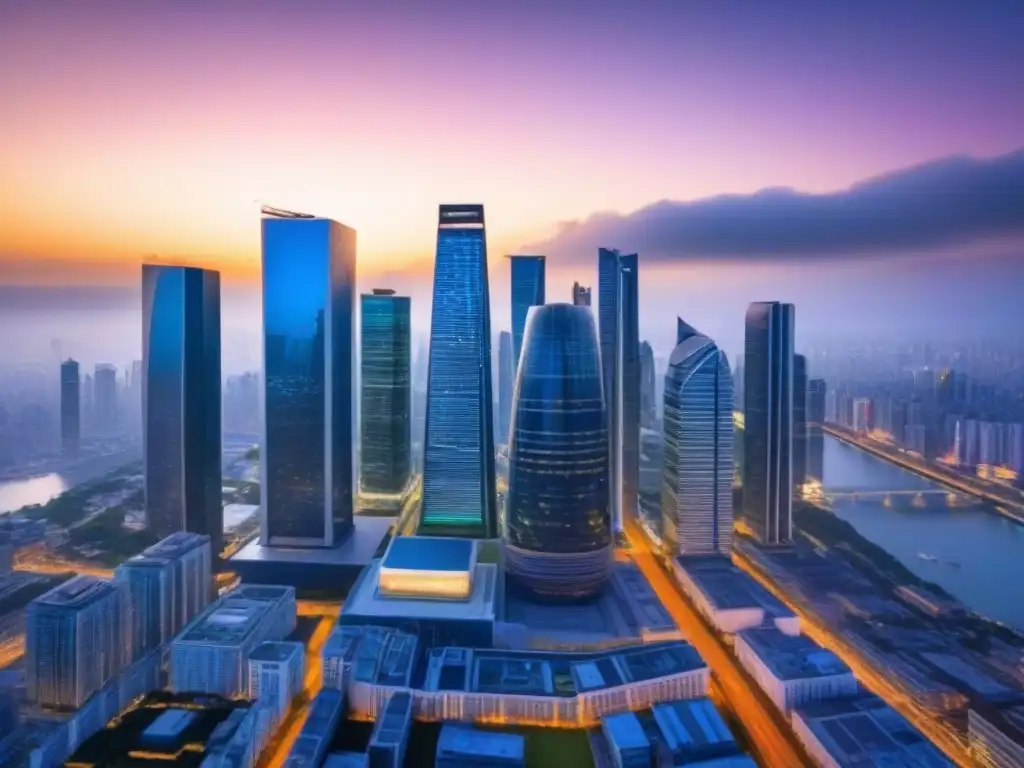 Metrópolis futurista: atardecer en rascacielos refleja auge inmobiliario Una ciudad futurista con rascacielos elegantes reflejando el atardecer en sus fachadas de vidrio, simbolizando la recuperación dinámica del mercado inmobiliario y la interconexión de políticas gubernamentales