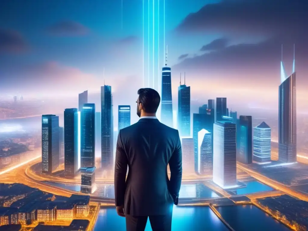 Cityscape futurista: profesionales colaboran en ecosistema fintech Una ciudad futurista con rascacielos, elementos digitales y profesionales discutiendo regulaciones financiamiento inmobiliario fintech