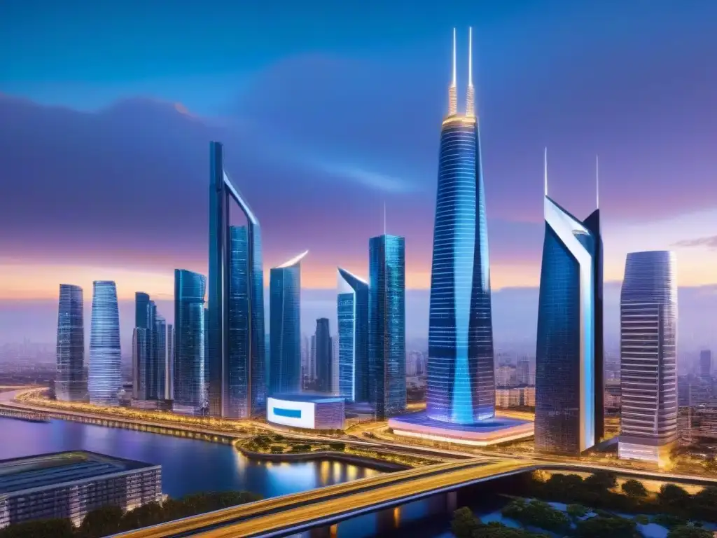 Horizonte futurista: Avances en Financiamiento Inmobiliario Una ciudad futurista al anochecer, con rascacielos iluminados y sistemas de transporte avanzados