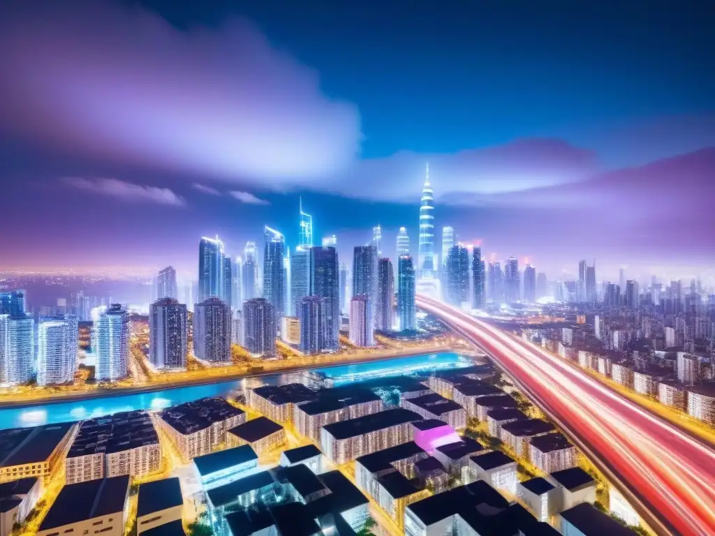 Metrópolis futurista: Inteligencia Artificial en valoración inmobiliaria Una ciudad futurista con rascacielos iluminados por luces de neón, reflejando la innovación de la inteligencia artificial en valoración inmobiliaria
