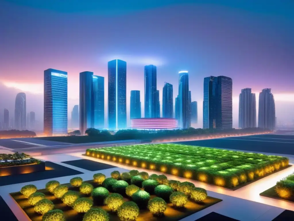 Metrópolis futurista: innovación y colaboración en inteligencia artificial y valuación inmobiliaria Una ciudad futurista al anochecer, mostrando rascacielos iluminados con luces de neón y autos autónomos